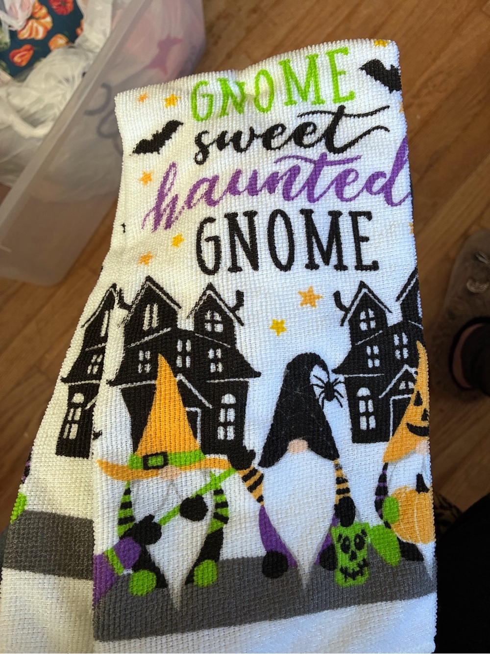 Haunted Gnome Halloween Kitchen Towel - White, Black, Orange, Green, Purple